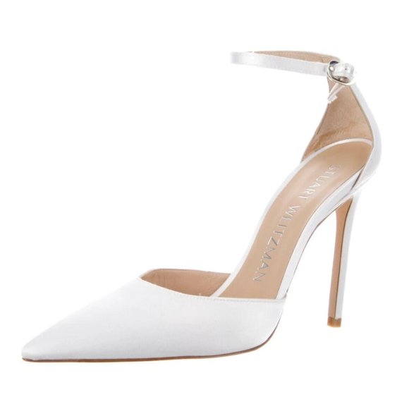 Stuart Weitzman Shoes - Stuart Weitzman White Satin D'Orsay Stiletto Pointy Toe Ankle Strap Shoes 8.M